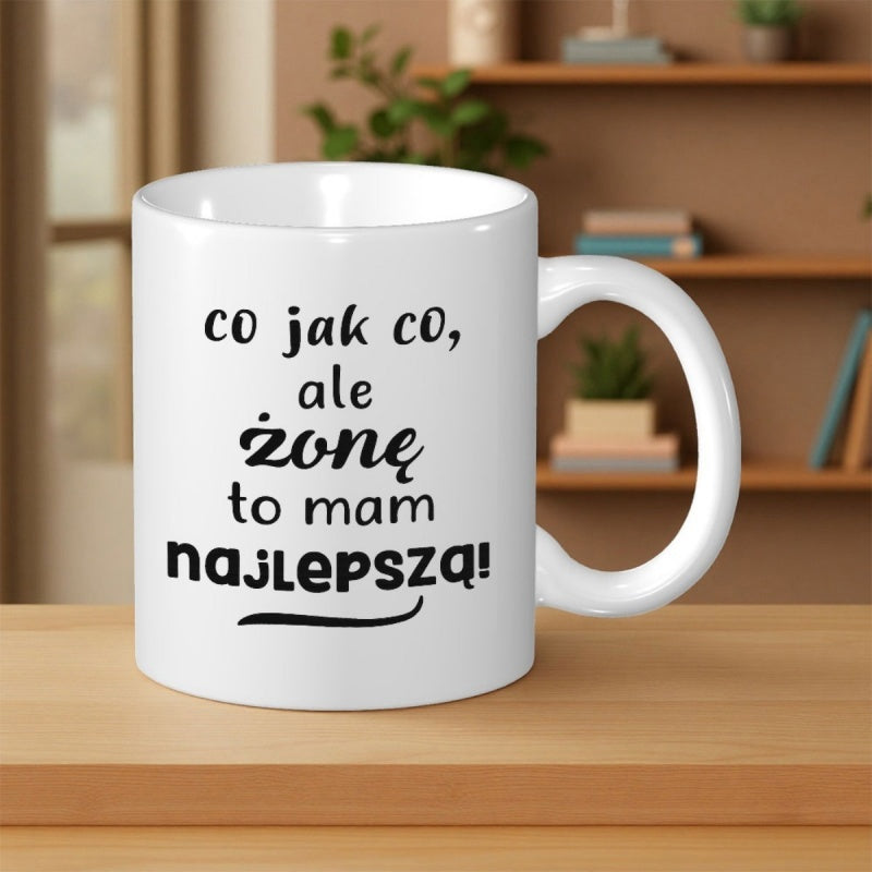 Tailorly White Ceramic 11 oz Mug - Minimalist Black Typography Printed On A Smooth Ceramic Surface Standing Atop Wood Mug