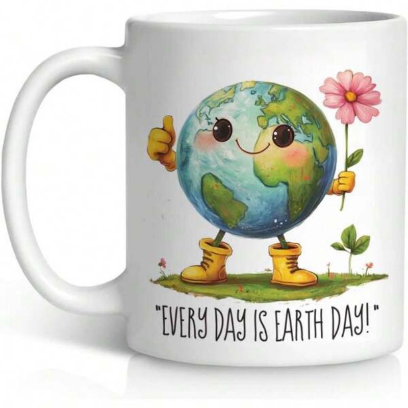 Tailorly White Ceramic 11 oz Mug - Every Day Is Earth Day Cute Personified World Wearing Yellow Boots Holding Pink Flower Earth