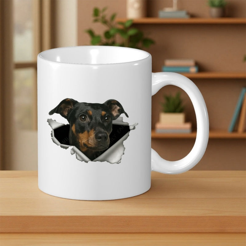 Tailorly White Ceramic 11 oz Mug - Charming Black And Tan Puppy Peeking Through A Realistic Torn Paper Hole Dog