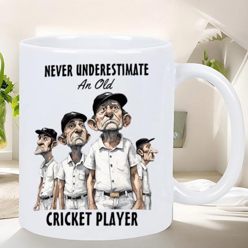 Tailorly White Ceramic 11 oz Mug - Never Underestimate An Old Cricket Player Veteran Men Wearing White Uniforms And Caps Standing Together Cricket Player