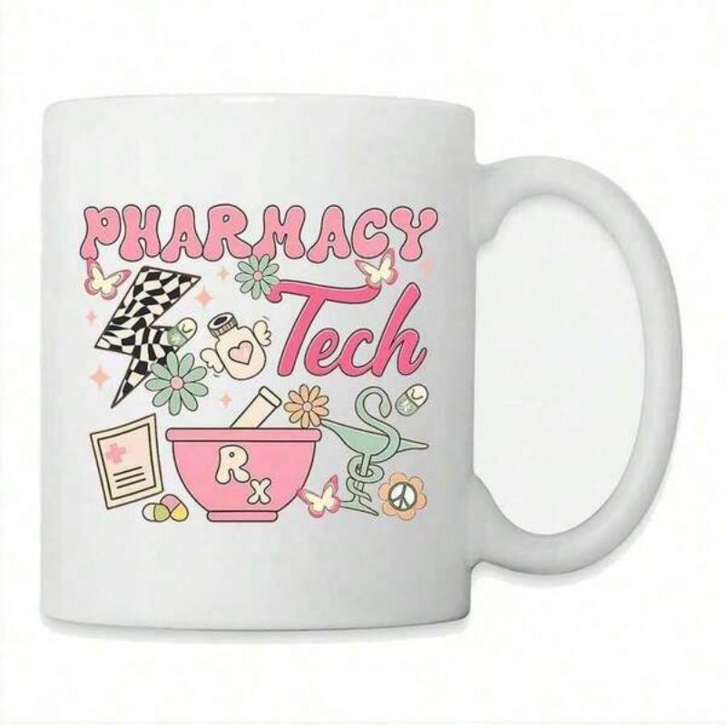 Tailorly White Ceramic 11 oz Mug - Pharmacy Tech Colorful Retro Medical Symbols Among Dainty Butterflies And Blooming Flowers Illustration