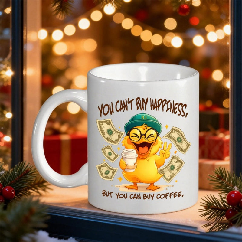 Tailorly White Ceramic 11 oz Mug - You Can't Buy Happiness But You Can Buy Coffee Cheerful Yellow Duck Surrounded By Flying Money Wearing Cap And Glasses Duck