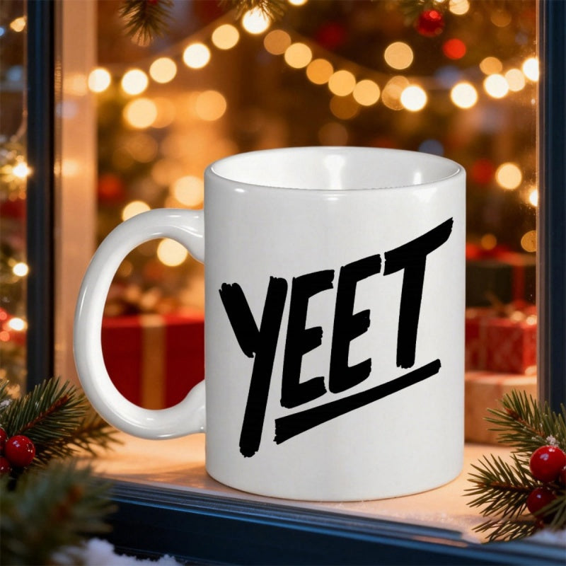 Tailorly White Ceramic 11 oz Mug - Yeet Bold Minimalist Black Brush Stroke Lettering Design On