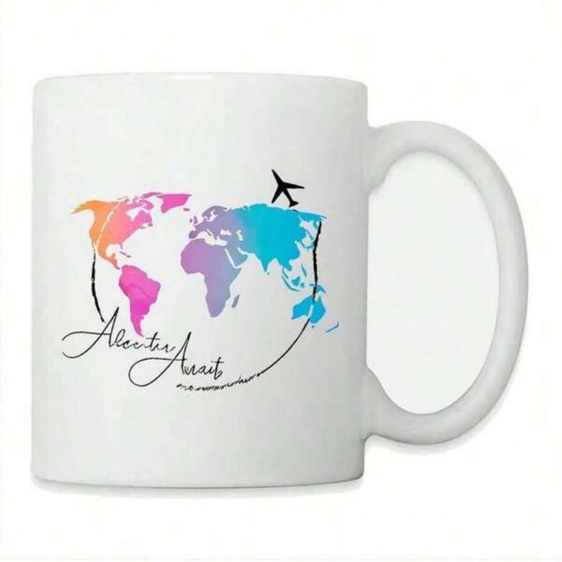 Tailorly White Ceramic 11 oz Mug - Adventure Awaits Colorful Watercolor Pattern With Small Airplane Flying Above Detailed World Map