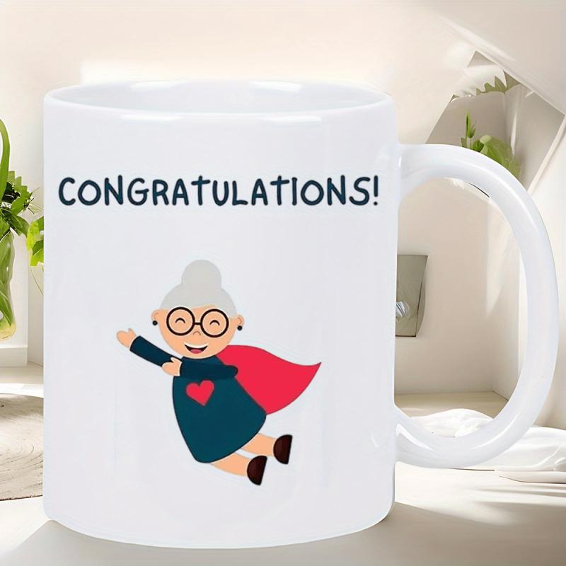 Tailorly White Ceramic 11 oz Mug - Congratulations Flying Heroic Elderly Woman Wearing Red Cape And Glasses Grandma