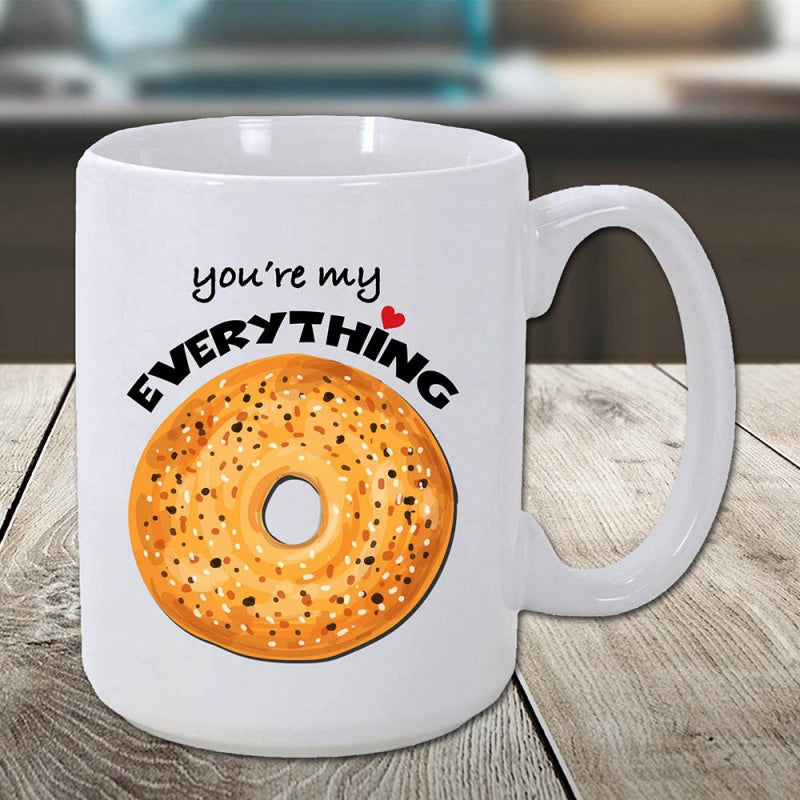 Tailorly White Ceramic 11 oz Mug - Youre My Everything Golden Brown Toasted Gourmet Dough With Seeded Toppings Bagel