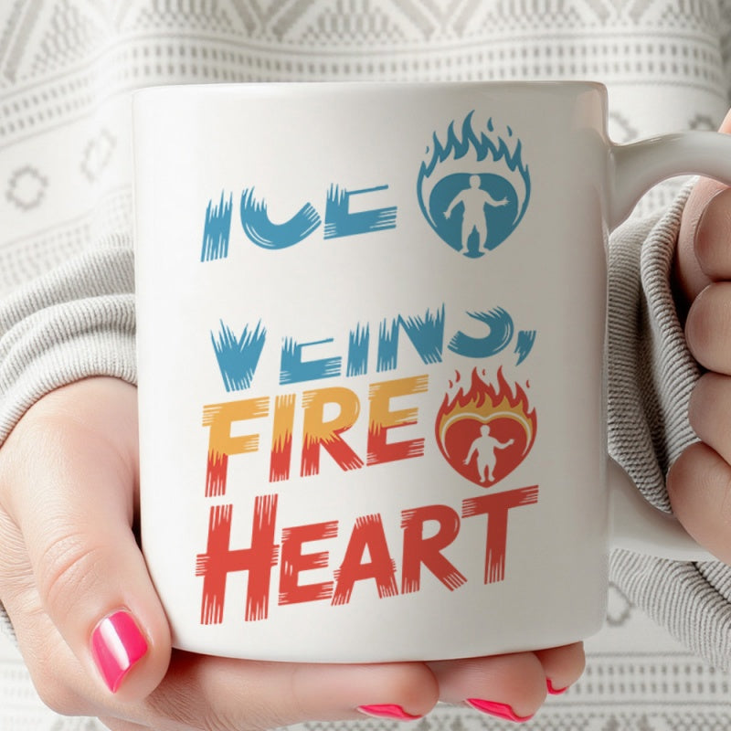 Tailorly White Ceramic 11 oz Mug - Ice Veins Fire Heart Stylized Human Silhouette Surrounded By Blue And Orange Flickering Flames Mug