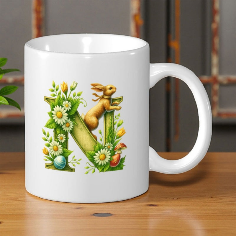Tailorly White Ceramic 11 oz Mug - Charming Floral Letter N Decorated With Spring Daisies And A Golden Rabbit