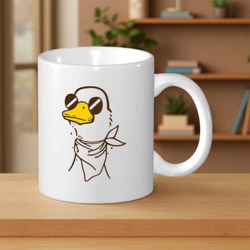 Tailorly White Ceramic 11 oz Mug - Cool White Goose Wearing Black Sunglasses And A Stylish Neck Bandana Duck