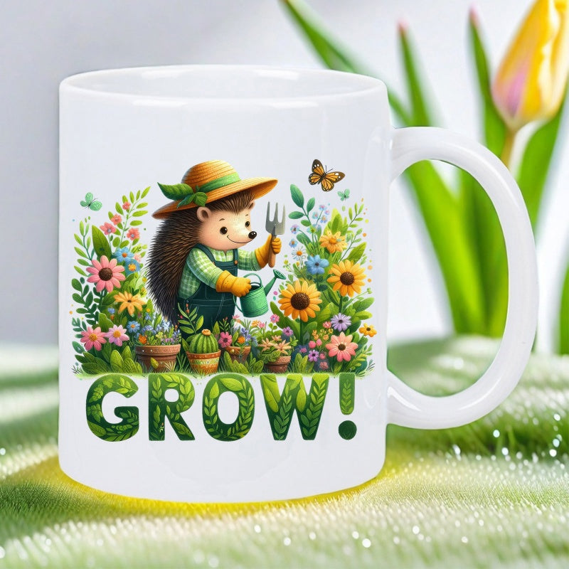 Tailorly White Ceramic 11 oz Mug - Grow Charming Gardening Character Watering Sunflowers Amidst Lush Vibrant Spring Flowers Hedgehog