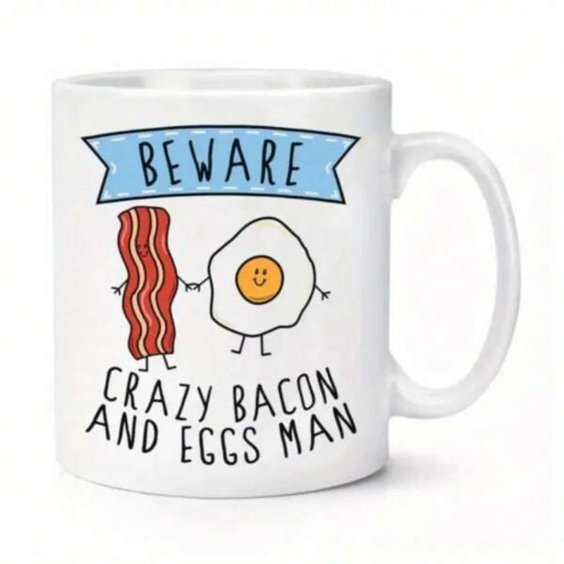 Tailorly White Ceramic 11 oz Mug - Beware Crazy Bacon And Eggs Man Cartoon Breakfast Characters Holding Hands Under Blue Ribbon Breakfast