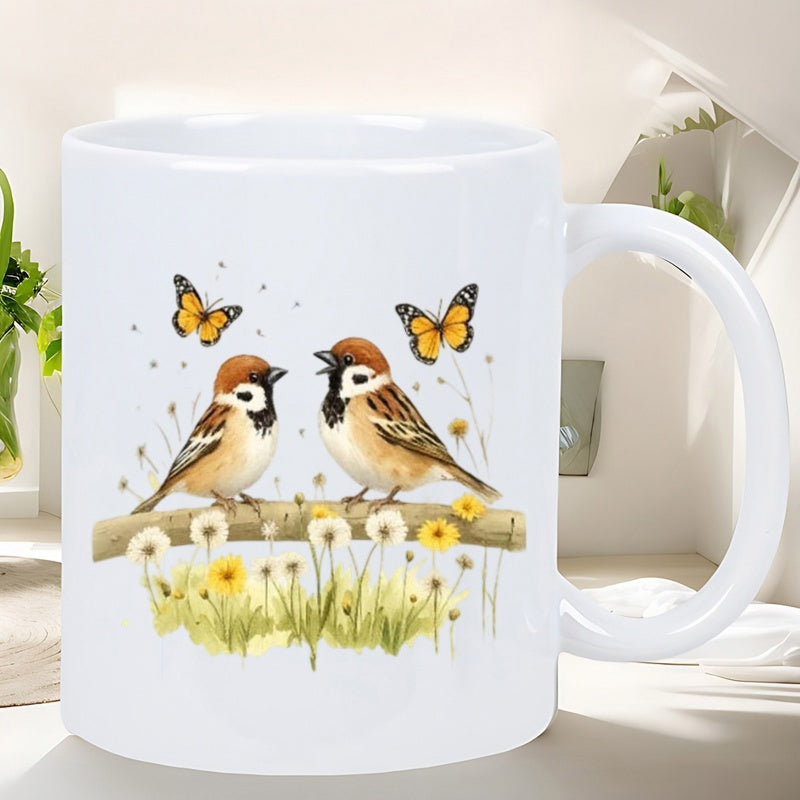 Tailorly White Ceramic 11 oz Mug - Soft Watercolor Butterflies And Blooming Yellow Flowers With Two Little Resting Sparrow