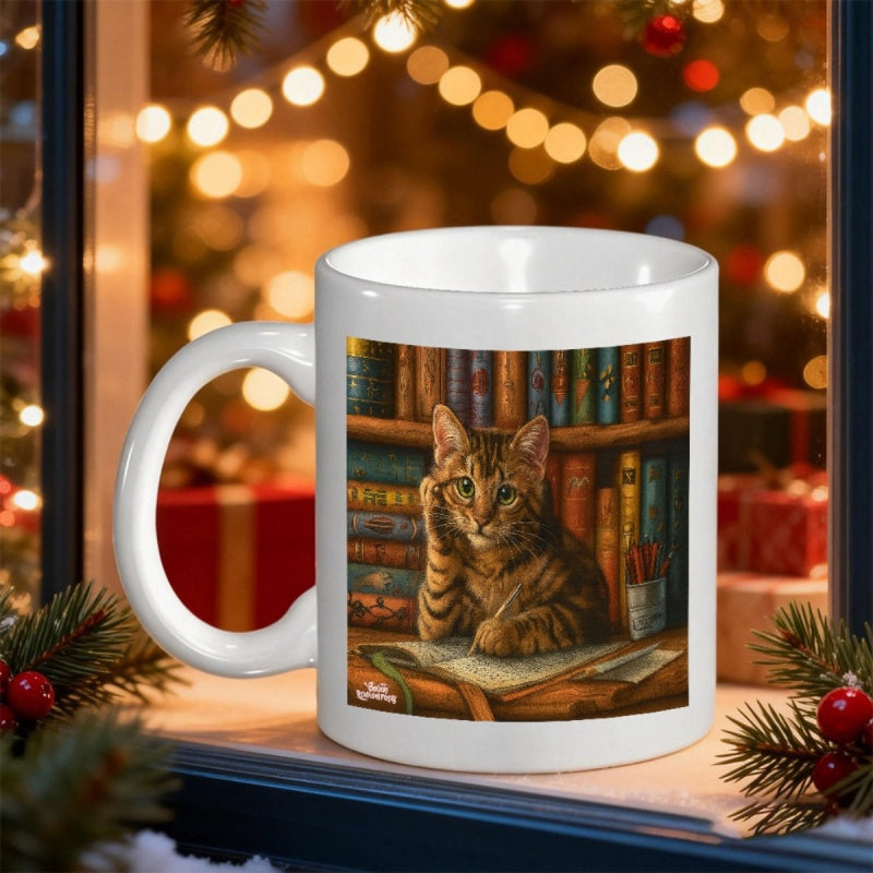 Tailorly White Ceramic 11 oz Mug - Cozy Library Atmosphere With Books And An Intelligent Tabby Cat