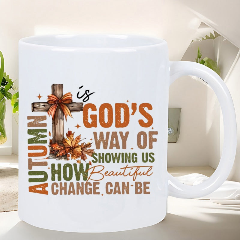 Tailorly White Ceramic 11 oz Mug - Autumn Is God's Way Of Showing Us How Beautiful Change Can Be Rustic Wooden Structure Adorned With Orange Ribbon And Fallen
