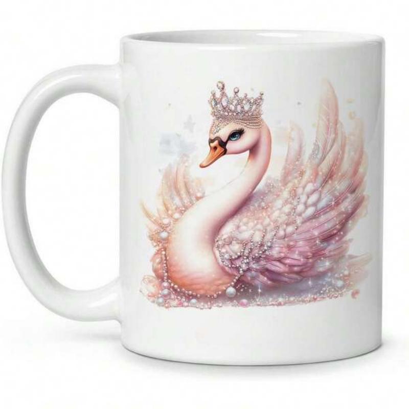 Tailorly White Ceramic 11 oz Mug - Elegant Pink Swan Wearing A Silver Crown Among Shimmering Bubbles And Soft Feathers Swan