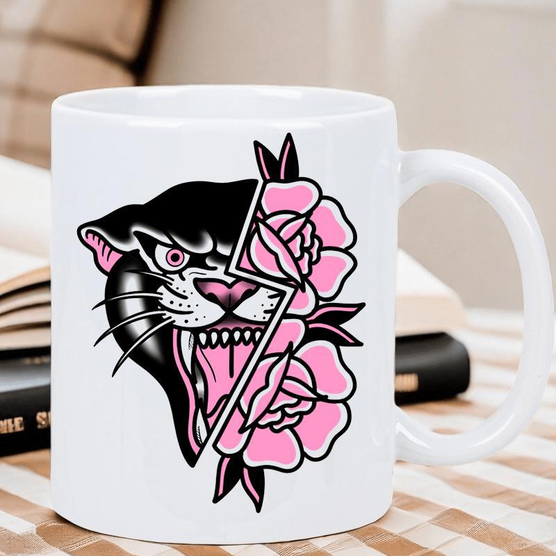 Tailorly White Ceramic 11 oz Mug - Traditional Tattoo Style Black Panther Head Combined With Delicate Pink Roses Panther