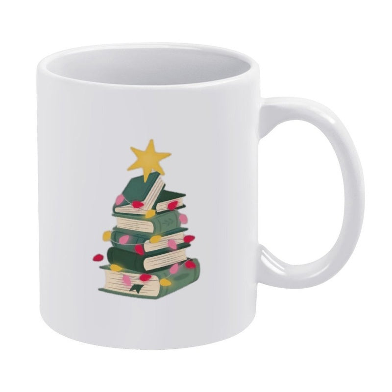 Tailorly White Ceramic 11 oz Mug - Festive Stack Of Green Books Decorated With A Golden Star Christmas Tree