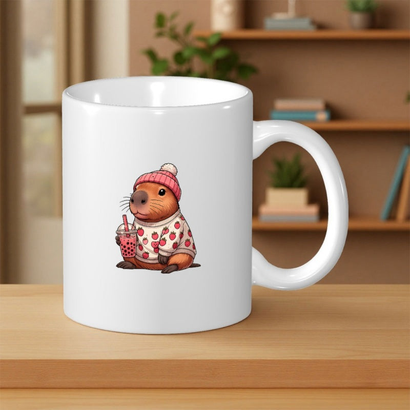 Tailorly White Ceramic 11 oz Mug - Adorable Cartoon Capybara Wearing Pink Beanie And Strawberry Sweater Holding Bubble Tea Capybara