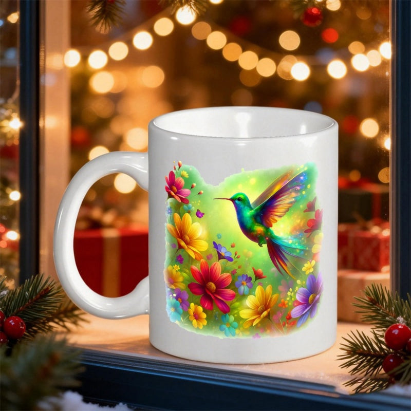 Tailorly White Ceramic 11 oz Mug - Vibrant Colorful Wings Hovering Among Blooming Flowers In Sunlit Garden Hummingbird
