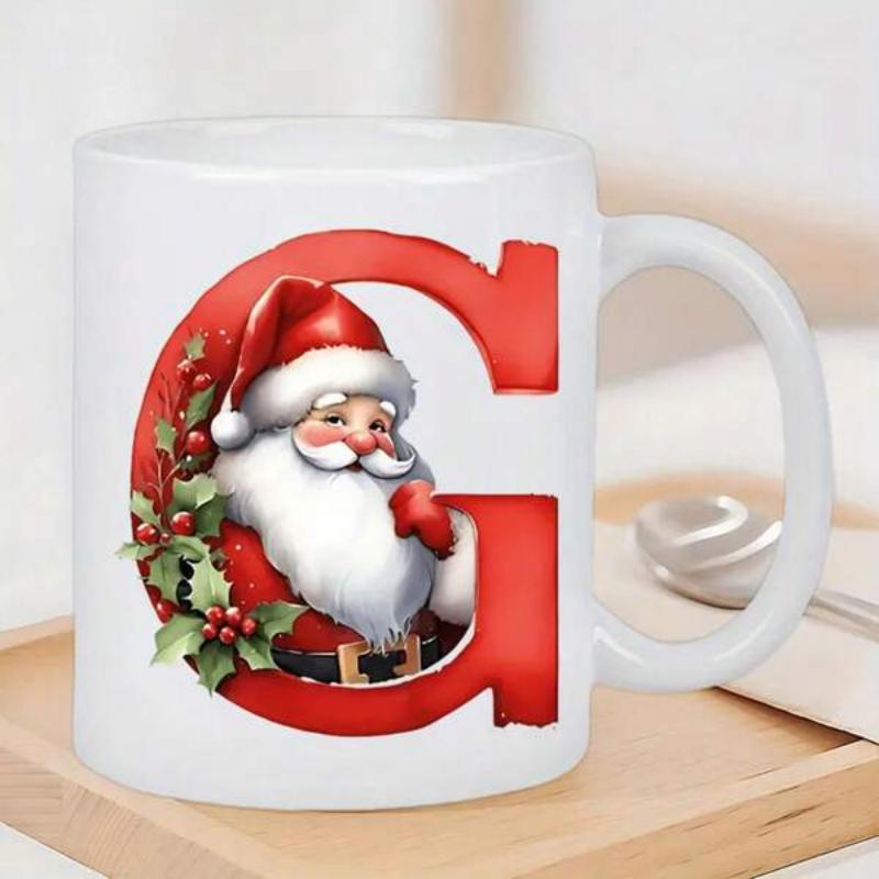 Tailorly White Ceramic 11 oz Mug - G Festive Christmas Spirit With Large Red Letter And Jolly Traditional Santa Claus