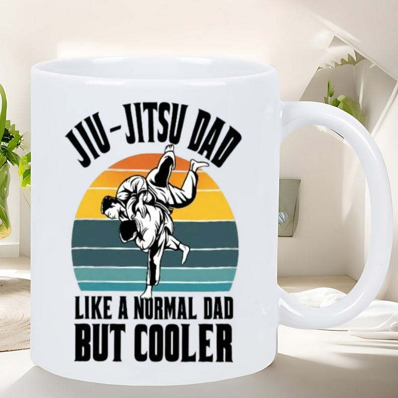 Tailorly White Ceramic 11 oz Mug - Jiu Jitsu Dad Like A Normal Dad But Cooler Retro Vintage Sunset With Two Martial Artists Grappling And Throwing Athlete