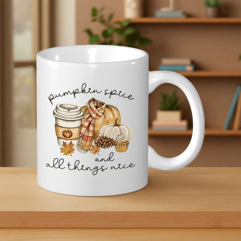 Tailorly White Ceramic 11 oz Mug - Pumpkin Spice And All Things Nice Cozy Autumn Harvest Elements With Warm Coffee And Scarf Pumpkin