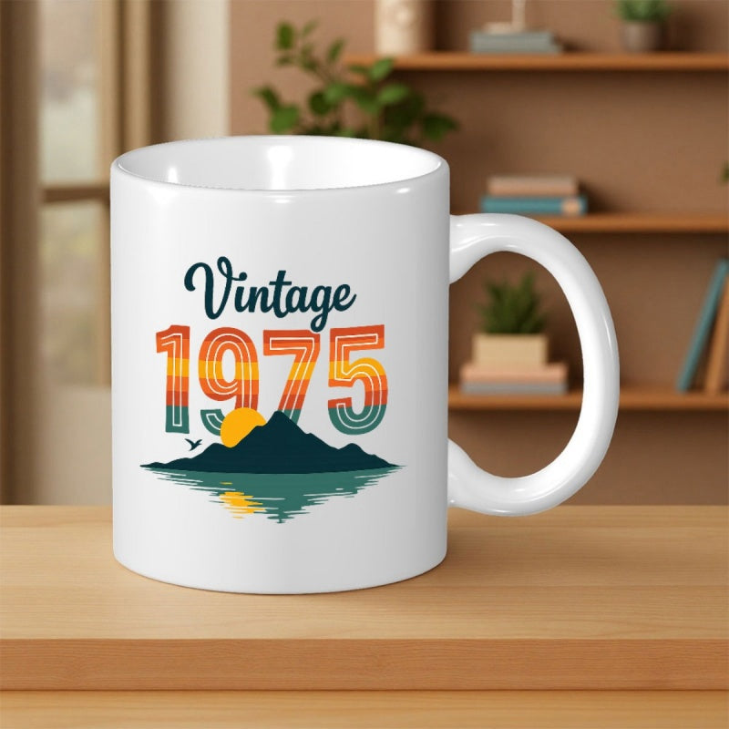 Tailorly White Ceramic 11 oz Mug - Vintage 1975 Retro Sunset Behind Silhouette Of Mountains Reflected On Calm Water Mountain
