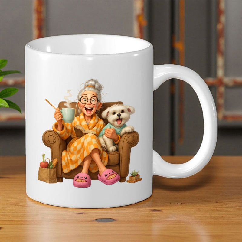Tailorly White Ceramic 11 oz Mug - Happy Elderly Lady Sitting On Armchair With Fluffy White Dog Holding Coffee Cup Grandmother