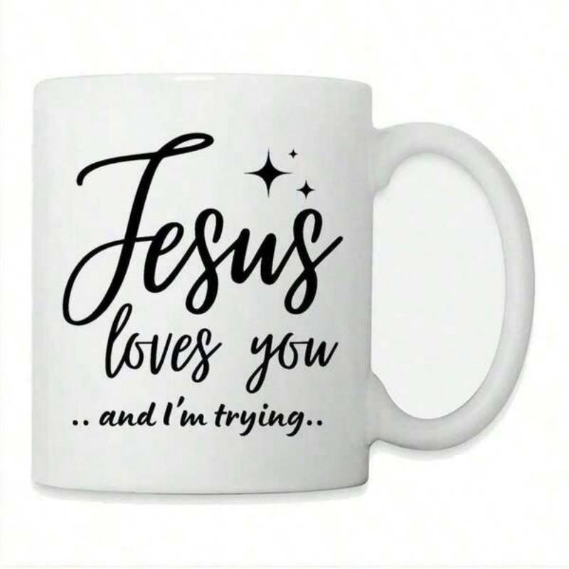 Tailorly White Ceramic 11 oz Mug - Jesus Loves You And Im Trying Delicate Minimalist Sparkling Stars Floating With Elegant Black Script Design Mug