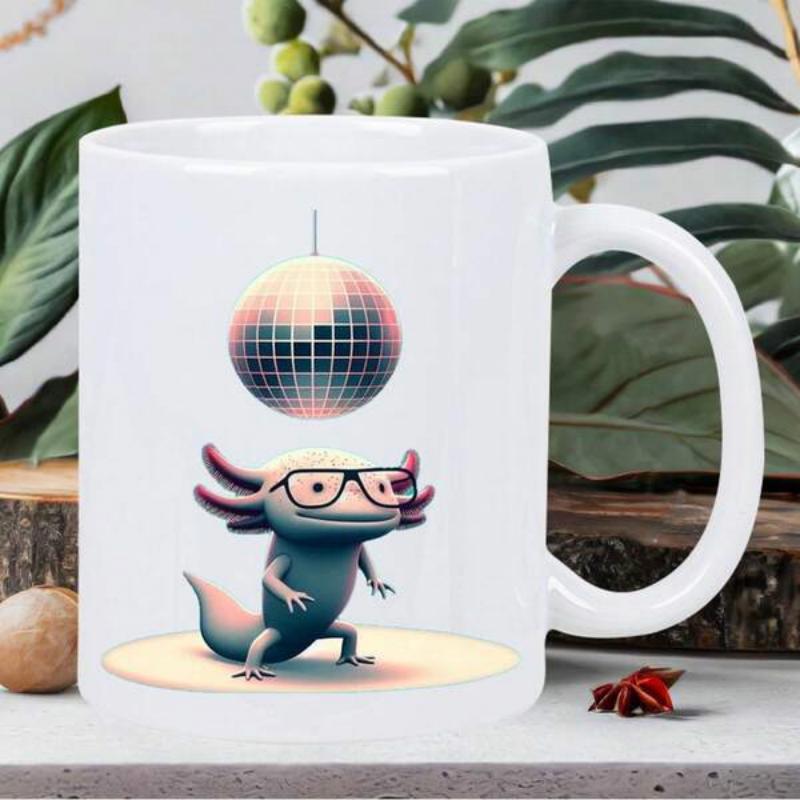 Tailorly White Ceramic 11 oz Mug - Cute Cartoon Wearing Glasses Dancing Under A Colorful Shining Disco Ball Axolotl