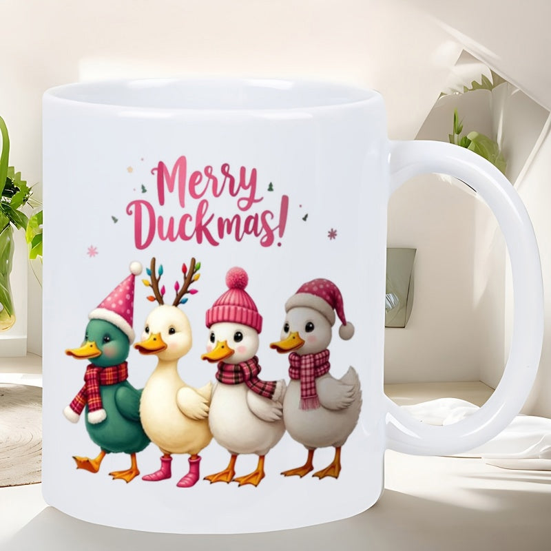 Tailorly White Ceramic 11 oz Mug - Merry Duckmas Four Adorable Ducks Wearing Festive Winter Hats And Cozy Red Scarves Duck