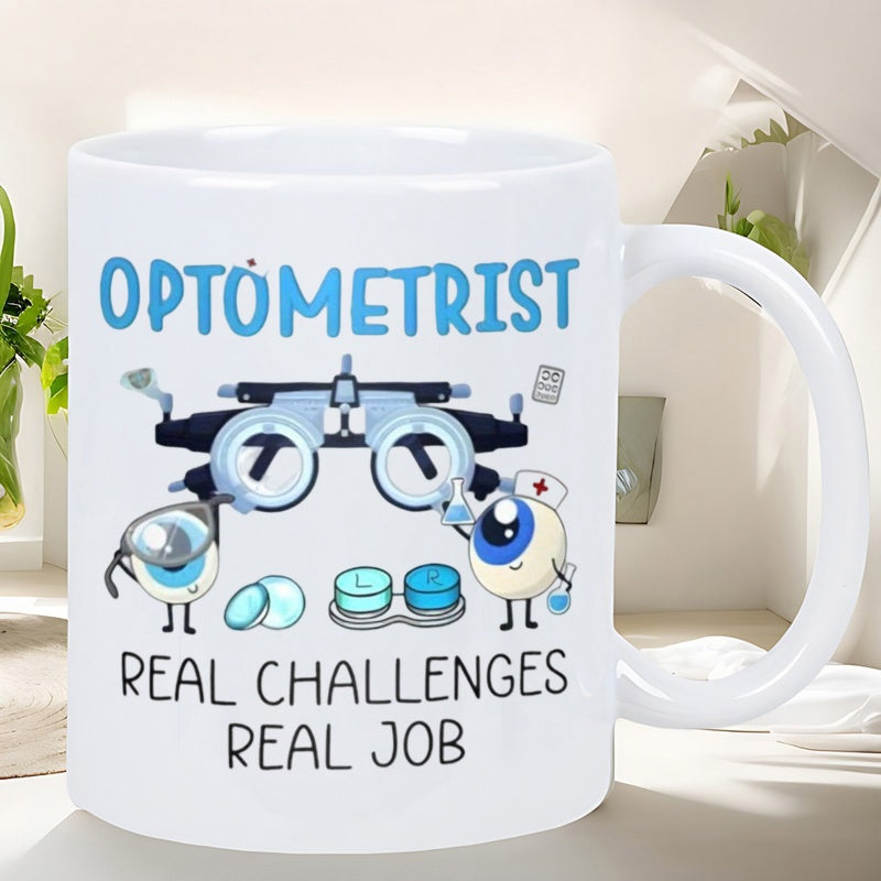 Tailorly White Ceramic 11 oz Mug - Optometrist Real Challenges Real Job Professional Eye Testing Equipment With Cute Cartoon Characters And Contact Lenses Eye
