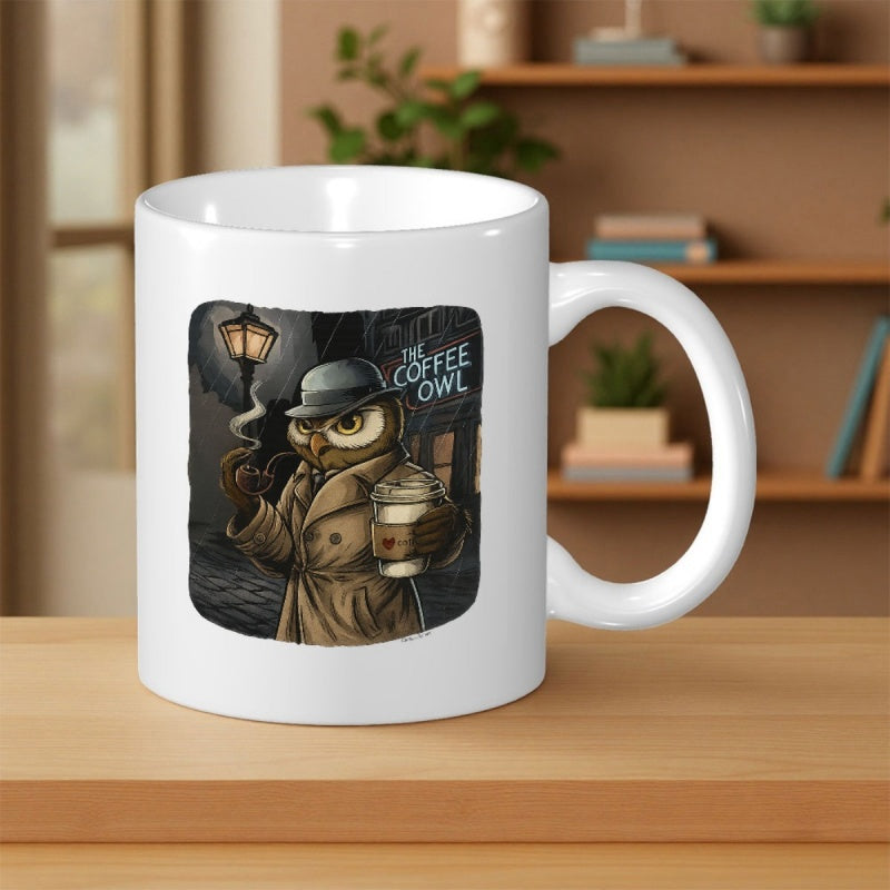 Tailorly White Ceramic 11 oz Mug - The Coffee Owl Detective Character Wearing Trench Coat Holding A Cup Of Coffee Owl