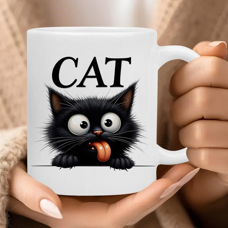 Tailorly White Ceramic 11 oz Mug - Cat Funny Fluffy Black Kitten Peeking Over Edge With Tongue Out Cat
