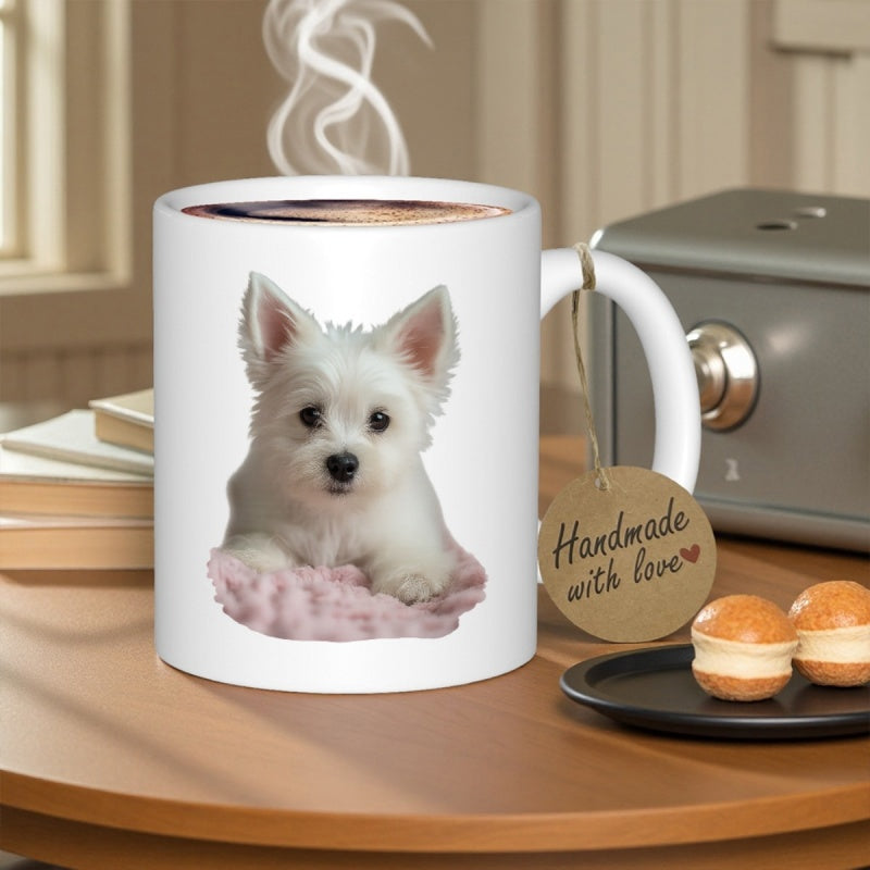 Tailorly White Ceramic 11 oz Mug - Handmade With Love Adorable Fluffy White Westie Puppy Resting On Soft Pink Cushion Dog