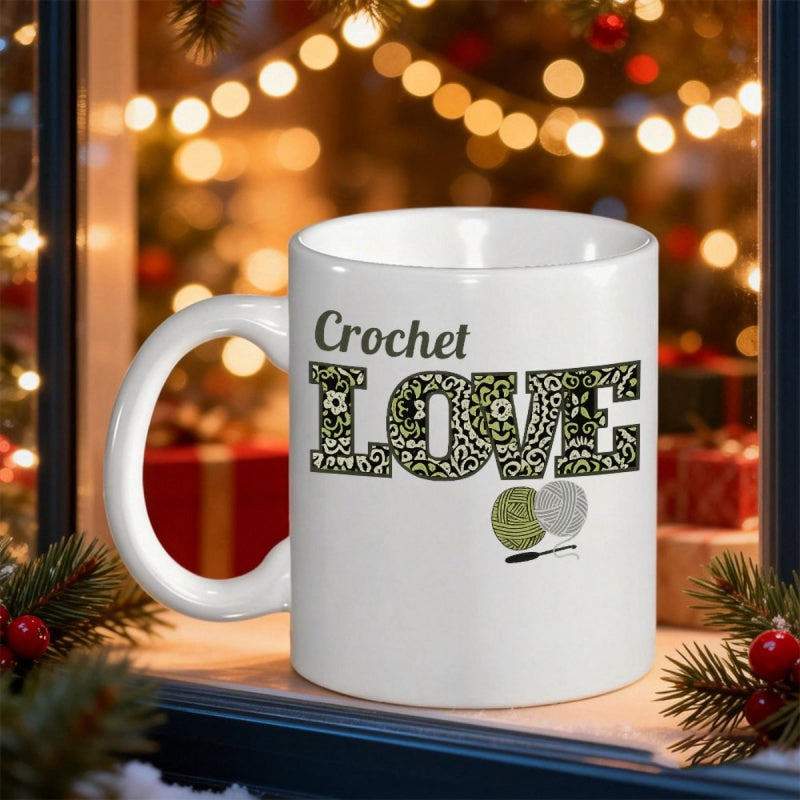 Tailorly White Ceramic 11 oz Mug - Crochet Love Intricate Mandala Pattern Filled Block Letters With Yarn Balls Mug