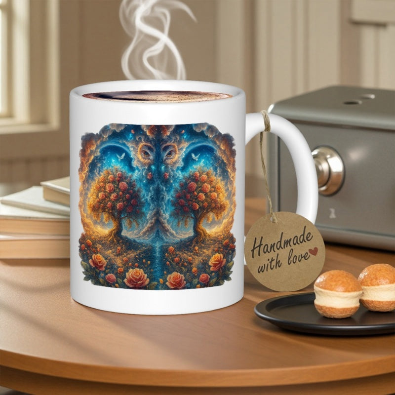 Tailorly White Ceramic 11 oz Mug - Mystical Symmetrical Forest Glowing With Golden Foliage Under Starlit Cosmic Sky Tree