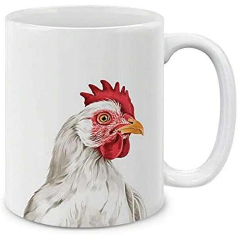Tailorly White Ceramic 11 oz Mug - Vibrant Detailed Hand Painted White Rooster Head With A Red Crest Chicken