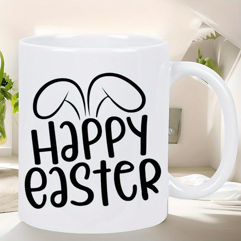 Tailorly White Ceramic 11 oz Mug - Happy Easter Simple Handwritten Style Graphics Featuring Minimalist Black Outline Seasonal Bunny Ears