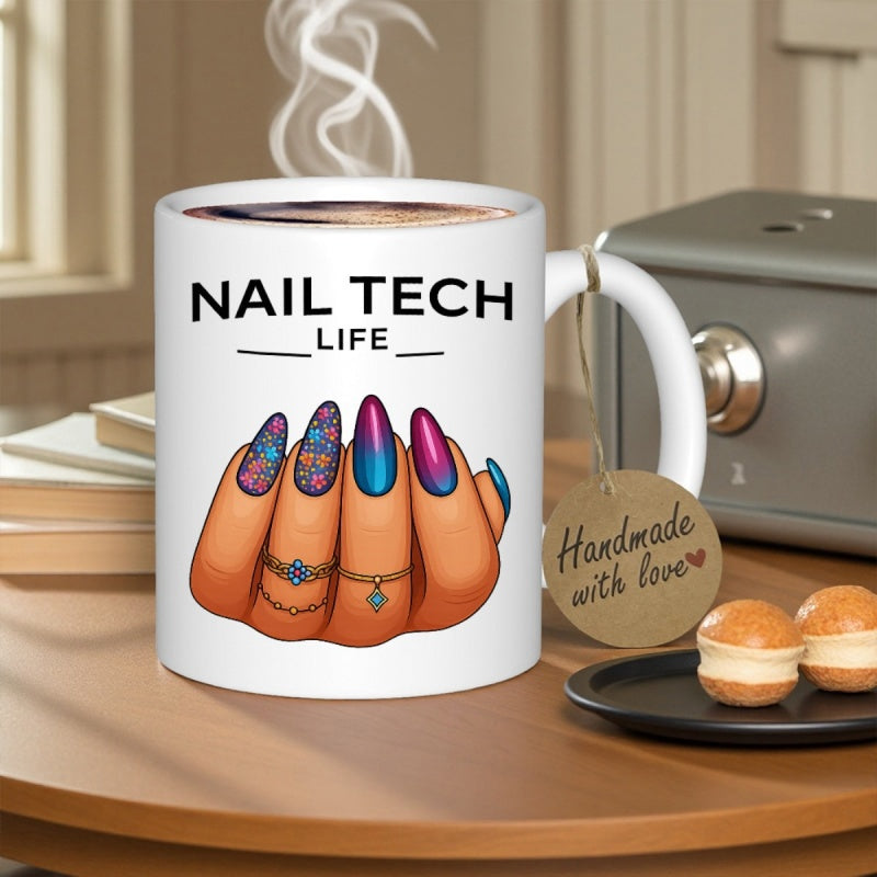 Tailorly White Ceramic 11 oz Mug - Nail Tech Life Elegant Fingers Featuring Long Vibrant Colorful Artistic Polish Hand