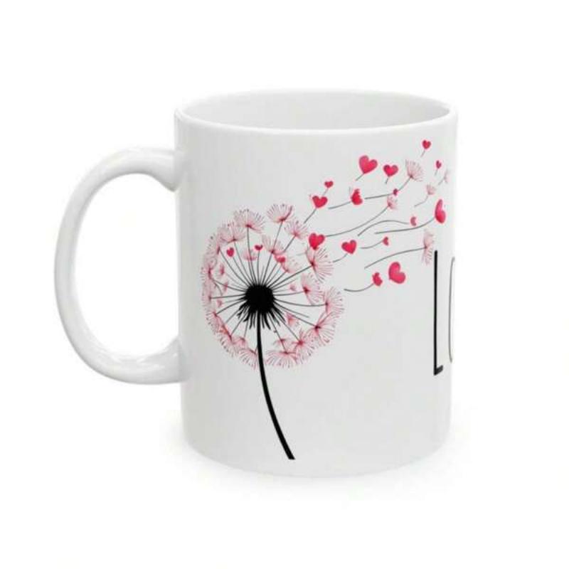 Tailorly White Ceramic 11 oz Mug - Love Floating Pink Hearts Drifting Away From A Delicate Blowing Seed Head Dandelion
