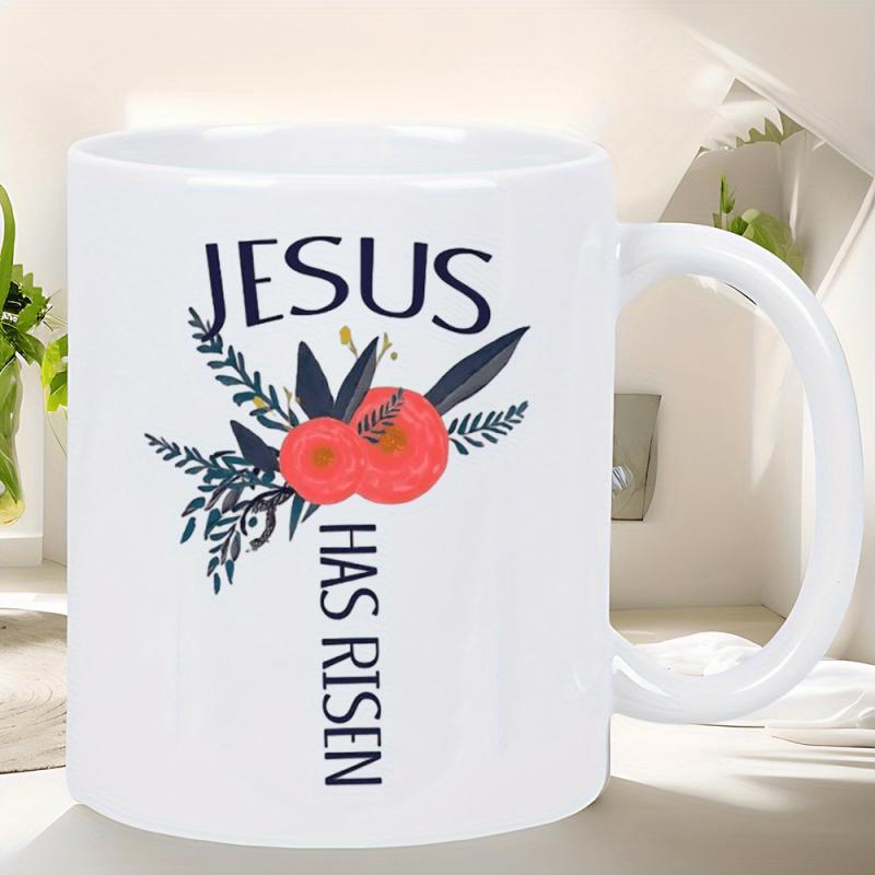 Tailorly White Ceramic 11 oz Mug - Jesus Has Risen Vibrant Red Blooming Flowers Surrounded By Deep Blue Botanical Leaves Flower