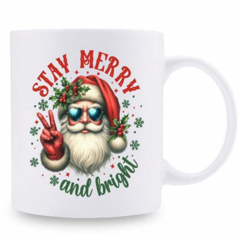 Tailorly White Ceramic 11 oz Mug - Stay Merry And Bright Cool Wearing Sunglasses Making Peace Sign Among Festive Winter Snowflakes Santa