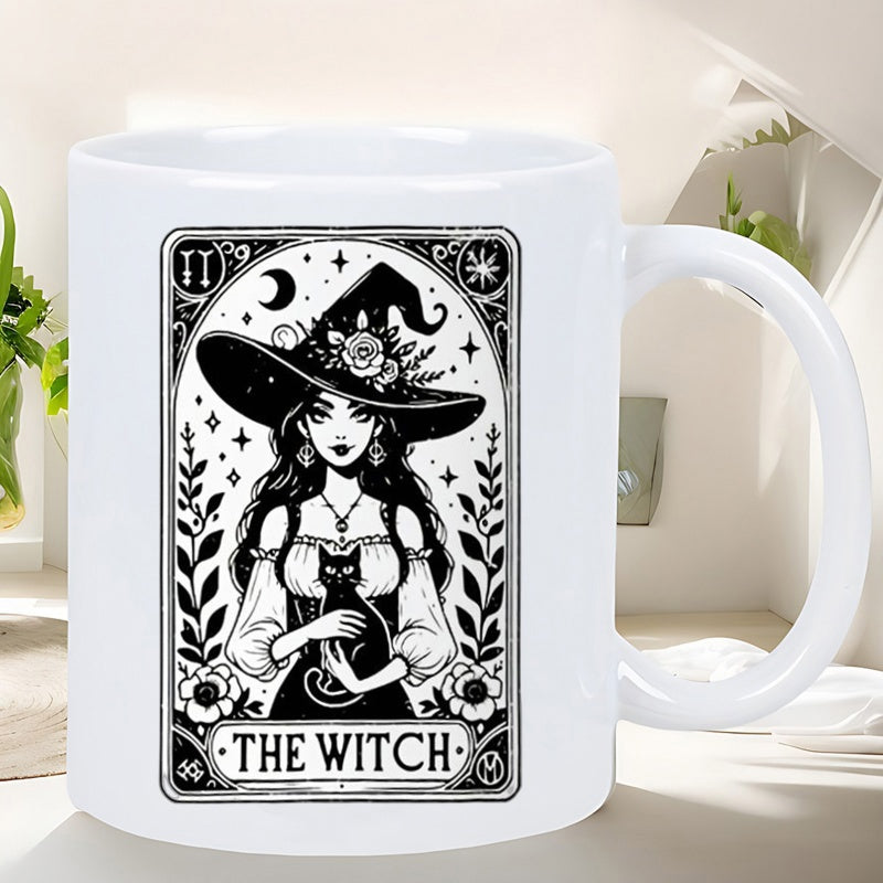 Tailorly White Ceramic 11 oz Mug - The Witch Mystical Tarot Card Style Featuring Woman Holding A Cat Witch