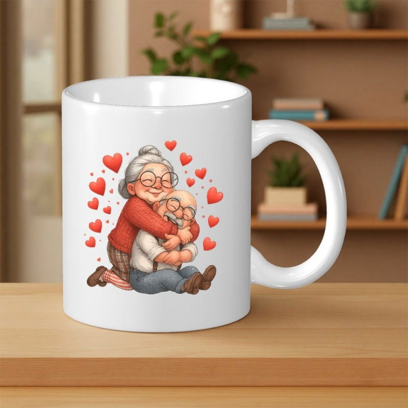 Tailorly White Ceramic 11 oz Mug - Happy Elderly Pair Embracing Warmly With Love Hearts Floating In Background Couple