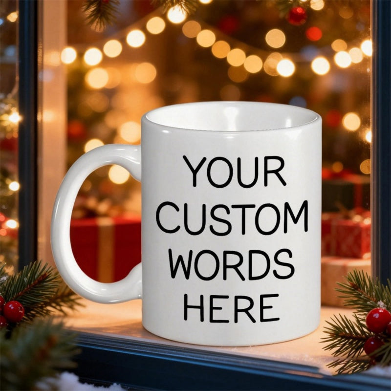 Tailorly White Ceramic 11 oz Mug - Your Custom Words Here Festive Christmas Atmosphere With Glowing Bokeh Lights And Pine Branch Mug