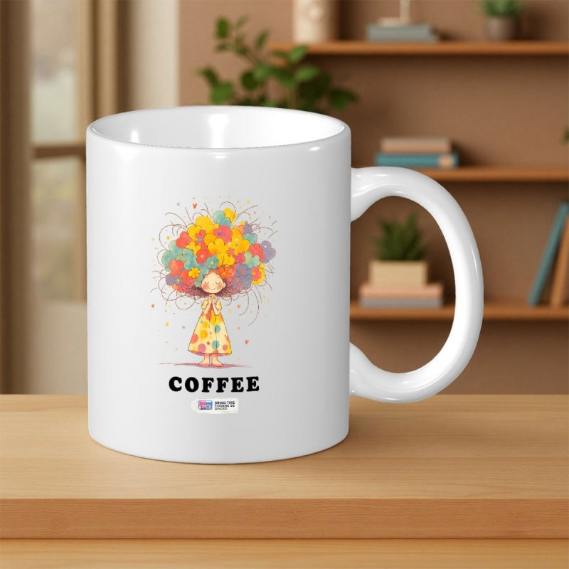 Tailorly White Ceramic 11 oz Mug - Coffee Whimsical Young Girl With Colorful Blossoming Hair And Vibrant Patterns Girl