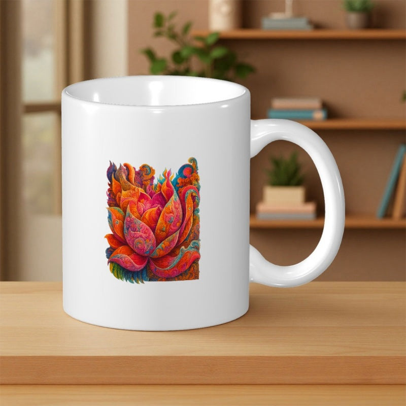 Tailorly White Ceramic 11 oz Mug - Vibrant Abstract Lotus Petals With Intricate Swirling Colorful Artistic Patterns Flower