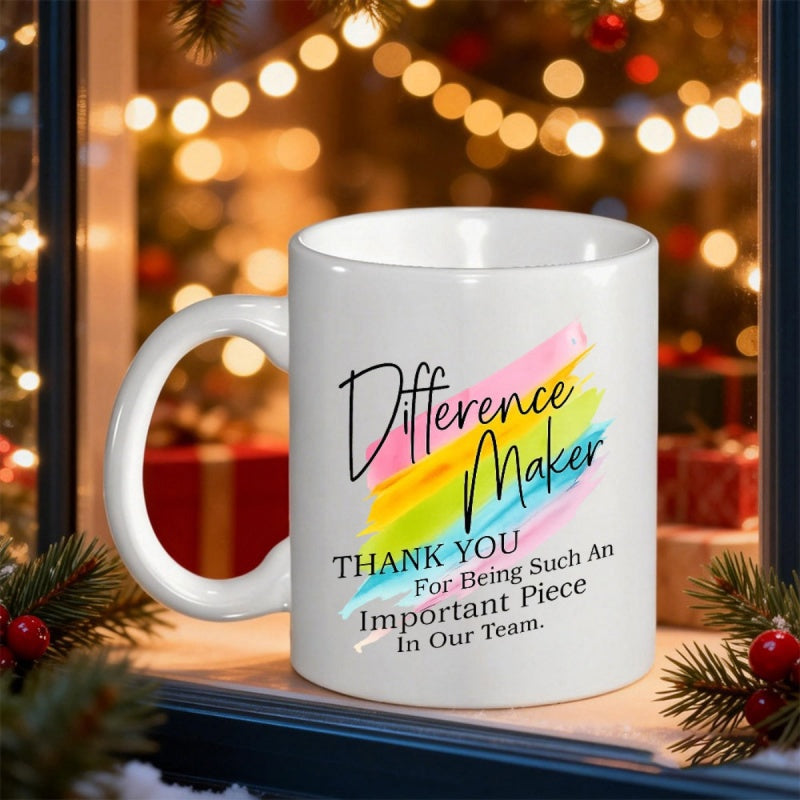 Tailorly White Ceramic 11 oz Mug - Difference Maker Thank You For Being Such An Important Piece In Our Team Vibrant Watercolor Rainbow Brushstrokes On A Smooth
