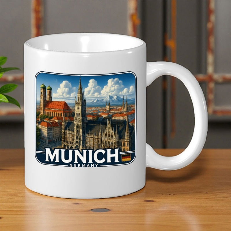 Tailorly White Ceramic 11 oz Mug - Munich Germany Historic Architecture With Cathedrals Under A Bright Blue Cloudy Sky Skyline